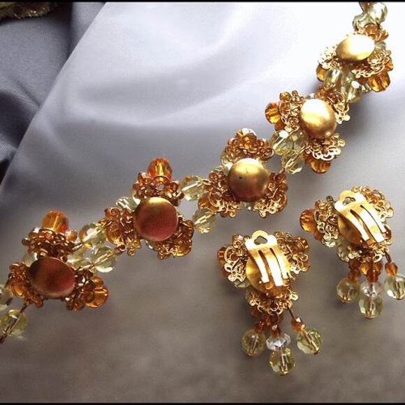 1950s Designer Citrine Crystal Bubbles Vintage Bracelet w Earrings Set 15838 - Picture 7 of 8
